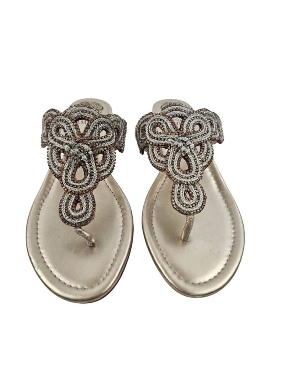 Vince Camuto Sandals Womens Size 7.5 Gold Leather Embellished Slip On Shoes - Picture 2 of 12